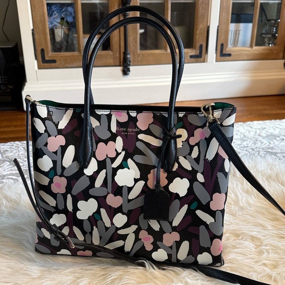 kate spade Black Floral Print Tote with Crossbody Strap